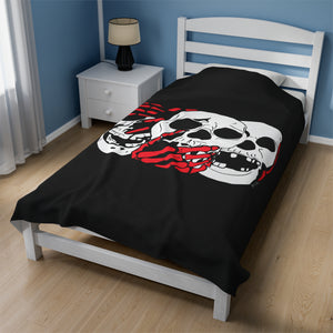 3 Skulls (With Red) Velveteen Plush Blanket (Various Sizes)