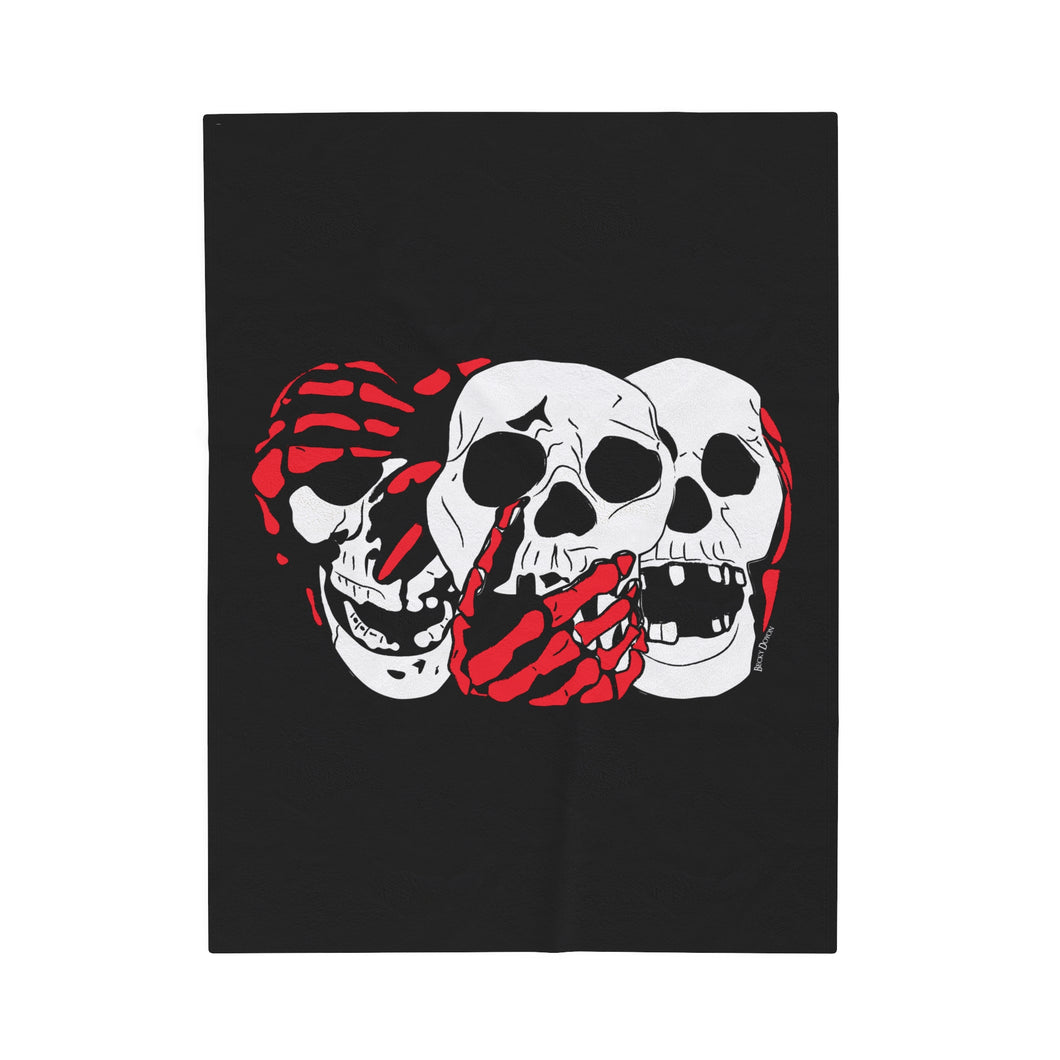 3 Skulls (With Red) Velveteen Plush Blanket (Various Sizes)